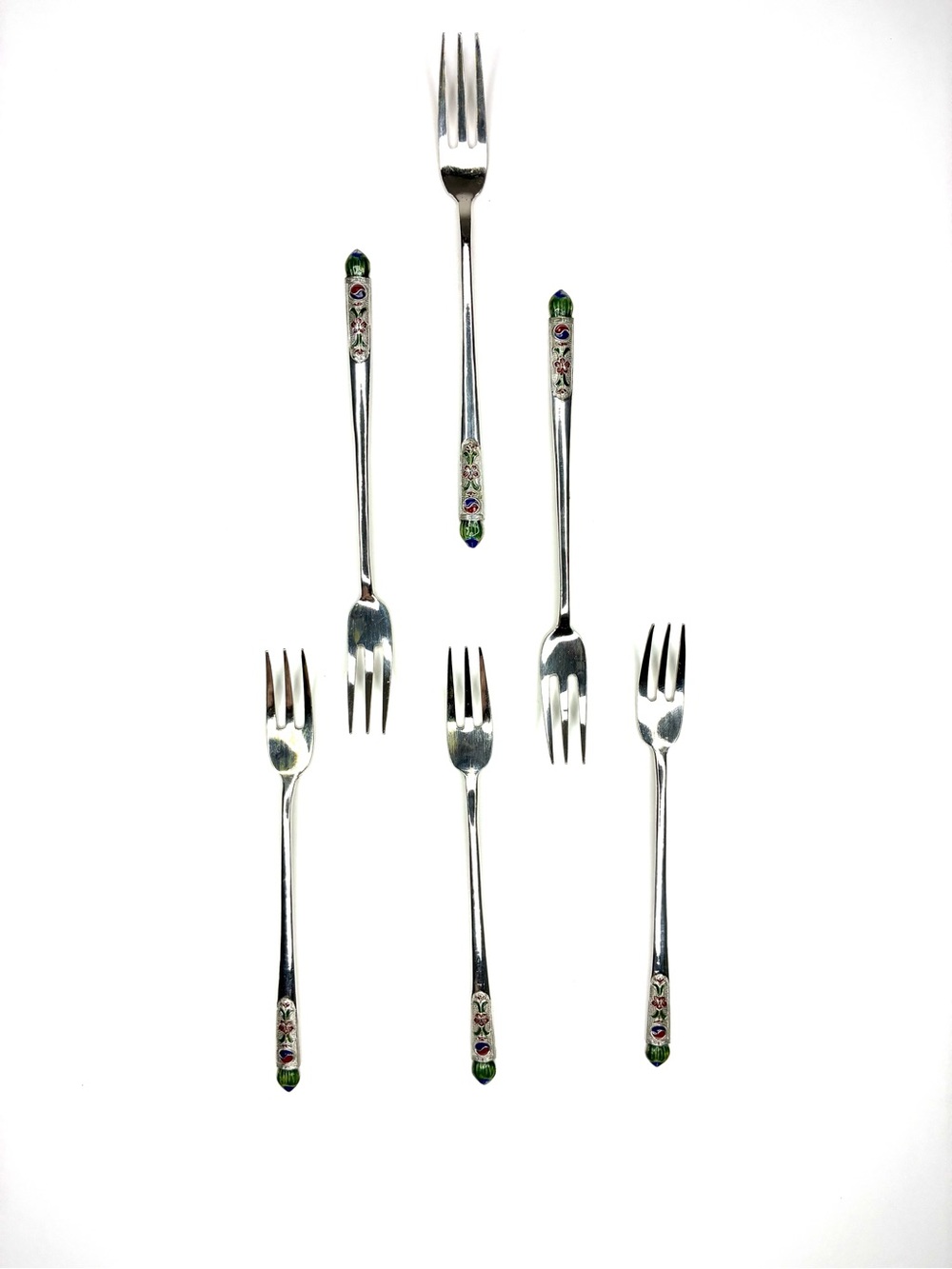 Vintage Korean Ag 700 Silver Enamel Chilbo Teatime Fruit Forks Set of 6